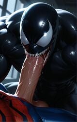 artist:rickteil big_penis fangs gay huge_cock huge_penis muscles muscular muscular_male oral peter_parker spider-man spider-man_(series) teeth teeth_showing venom_(marvel)