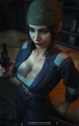 1girls 3d alf3d alternate_costume bandana beer beer_bottle big_breasts breasts brown_hair capcom claire_redfield claire_redfield_(jordan_mcewen) cleavage dirt dirty downblouse female female_only jumpsuit large_breasts mechanic_outfit resident_evil resident_evil_2 resident_evil_2_remake solo solo_female
