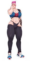 1girls 2d abs blizzard_entertainment breasts cleavage female full_body high_resolution large_breasts leggings muscle muscular_female orangekissess overwatch pink_hair shoes short_hair sneakers solo standing tattoo very_high_resolution white_background zarya