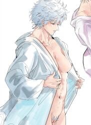 baka_roll breasts_out female female_only female_pubic_hair genderswap_(mtf) gintama gintoki_sakata medium_breasts no_bra no_panties open_clothes open_kimono pubic_hair pussy rule_63 short_hair solo uncensored white_hair