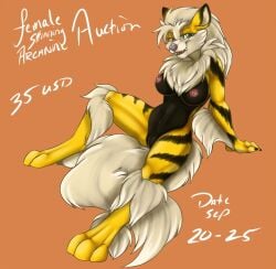 anthro arcanine barefoot beige_hair blue_eyes furry generation_1_pokemon green_eyes heterochromia open_eyes pokemon pokemon_(species) sitting smile solo solo_female
