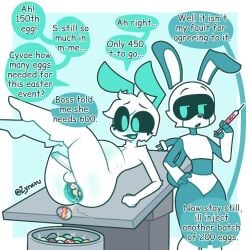 2boys alien alien_boy antennae_(anatomy) anus big_belly bunny_ears cyvae_(zyneru) dialogue easter easter_egg egg egg_laying fake_animal_ears femboy fur furry gaping gaping_anus laying_down robot robot_boy small_penis syringe tagme thin_waist white_fur wide_hips zyneru zyneru_(character)