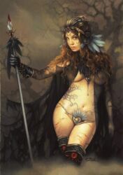 1girls 2014 artist_signature blood body_markings boots braless breasts brown_hair face_markings female female_only gauntlets helmet light-skinned_female light_skin medium_breasts midriff navel nipples partially_clothed realistic revealing_clothes solo solo_female spear standing traditional_media_(artwork) translucent_clothing warrior warrior_woman wavy_hair weapon wide_hips