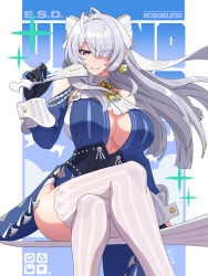 1girl absurdres ascot bare_shoulders black_gloves blue_background blue_dress breasts closed_mouth clothing_cutout commentary crossed_legs dress earrings english_commentary floating_hair folded_fan folding_fan gloves grey_hair hair_over_one_eye hand_fan highres holding holding_fan jewelry kelzero large_breasts long_hair looking_at_viewer mole mole_under_mouth pointy_ears purple_eyes shoulder_cutout sitting smile solo sparkle thighhighs velina_airgid white_thighhighs yellow_ascot zenless_zone_zero