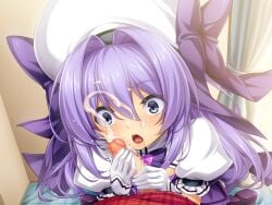 1boy 1girl :o after_fellatio aged_down blue_eyes blush bow censored chest_jewel chestnut_mouth constricted_pupils cum cum_on_body cum_on_hair ejaculation facial game_asset gloved_handjob gloves hair_between_eyes hair_bow hair_intakes handjob hat hat_bow hetero indoors inoino katsuragi_marina katsuragi_marina_(exs-tia_p) kouyoku_senki_exs-tia long_hair looking_at_penis magical_girl mosaic_censoring non-web_source official_art open_mouth pastel_marie penis penis_awe pov puffy_short_sleeves puffy_sleeves purple_bow purple_hair self-datamine short_sleeves solo_focus surprised sweat variant_set visual_novel_cg white_gloves wide-eyed