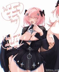 1girl absurdres artist_name black_bow black_dress black_shrug black_wings bow breasts chest_belt cleavage commentary dress english_commentary hair_bow highres large_breasts lips looking_at_viewer medium_hair multiple_hair_bows pink_hair pointy_ears purple_eyes remielle_dan rururuna_san shrug_(clothing) simple_background solo speech_bubble translation_request white_background wings zenless_zone_zero