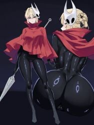 1girl ass ass_focus black_background black_bodysuit blonde_hair bodysuit breasts cameltoe cloak commentary_request cosplay evelyn_chevalier from_behind highres holding holding_weapon hollow_knight hollow_knight:_silksong hornet_(hollow_knight) hornet_(hollow_knight)_(cosplay) kree_circle large_breasts latex latex_bodysuit looking_at_viewer mask multiple_views purple_eyes red_cloak simple_background solo weapon white_mask zenless_zone_zero