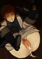 after_sex big_clitoris blushing boots cum_in_pussy cum_on_face drunk hairy_pussy holding_legs looking_up no_underwear original_character pants_down sexkeiit_(artist) smiling tdick trans_man