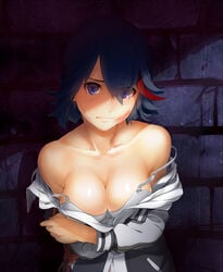 abrasion alley black_hair blood blue_eyes bow bra breast_hold breasts bruise bruise_on_face clavicle cleavage female high_resolution injury jacket kill_la_kill large_breasts light-skinned lingerie long_sleeves matoi_ryuuko multicolored_hair off_shoulder red_hair reluctant revolmxd short_hair slap_mark solo strap_slip translucent_hair two-tone_hair underwear white_bra white_underwear