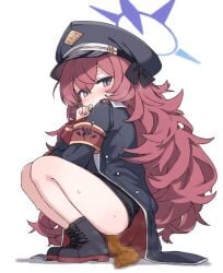 1girl aku0 anal_grip armband black_boots black_hat black_jacket blue_archive blue_eyes blue_halo blush boots censored closed_mouth commentary defecating double-parted_bangs full_body hair_between_eyes halo hat highres iroha_(blue_archive) jacket lace-up_boots long_hair long_sleeves looking_at_viewer mosaic_censoring peaked_cap red_hair scat simple_background solo squatting sweat untranslatable_commentary white_background