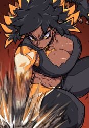 action_lines action_pose aniwars big_breasts dark-skinned_female exposed_midriff hellhound_(aniwars) ponaners scars sweat tattoo tomboy two-tone_hair