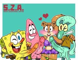 1girls 3boys anthro balls big_penis blue_eyes blue_skin blush bra brown_fur cephalopod clothing eyelashes female furry furry_female furry_male furry_only genitals hand_on_shoulder hearts huge_cock large_penis lipstick looking_at_viewer male male/male/male/female mammal marine mature mature_female mature_male nickelodeon octopodiform octopus open_mouth patrick_star penis pink_body red_lipstick rodent samzacharyarts sandy_cheeks sea_sponge shirt skirt spongebob_squarepants spongebob_squarepants_(character) squidward_tentacles squirrel starfish sweat sweating tail testicles yellow_body
