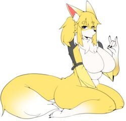 animal_ears anthro breasts female flat_color furry huge_breasts plump ppapmang sitting wariza white_background yellow_fur