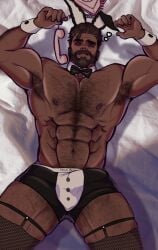 1boy armpit_hair armpits beard bulge bulge_through_clothing bulge_through_underwear bunny_costume bunny_ears erection erection_under_clothes erection_under_clothing erection_under_underwear fishnets gabriel_reyes hairy hairy_armpits hairy_chest hairy_legs hard_cock hard_on laying laying_down laying_on_bed male male_only milkbloc muscular muscular_male nipple_piercing on_bed overwatch reaper solo solo_male underwear underwear_only