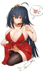 ahoge alcohol azur_lane bare_shoulders black_hair black_legwear breasts champagne champagne_flute choker clavicle cleavage closed_mouth cocktail_dress cup dress dress_pull drinking_glass erect_nipples erect_nipples_under_clothes eyebrows_visible_through_hair female female fingernails groin hair_between_eyes hair_ornament high_resolution huge_breasts invitation long_hair looking_at_viewer nipples nopan ppapmang pulled_by_self raban2950 red_choker red_dress red_eyes seductive_smile simple_background sitting smile solo speech_bubble spoken_object taihou_(azur_lane) taihou_(forbidden_feast)_(azur_lane) thick_thighs thighhighs thighs very_long_hair wakamezake white_background