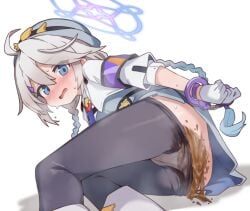 1girl ahoge aku0 ass black_pantyhose blue_archive blue_eyes blue_hair blue_halo blue_hat blush bound bound_wrists braid clothes_pull commentary commission cuffs defecating_self diarrhea double-parted_bangs feet_out_of_frame gloves gradient_hair grey_hair hair_between_eyes halo handcuffs hat kirino_(blue_archive) long_hair long_sleeves lying multicolored_hair nose_blush on_side open_mouth panties pantyhose pantyhose_pull pixiv_commission scat shirt simple_background solo sweat twin_braids underwear untranslatable_commentary white_background white_gloves white_panties white_shirt