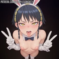 1girls ai_generated azuma_tobera black_hair blush breasts bunny_ears chained_soldier double_v embarrassed female hi_res high_resolution highres looking_at_viewer mato_seihei_no_slave nipples patreon saliva sleeplessnighty small_breasts solo solo_focus standing sweat tagme tobera_azuma tongue tongue_out watermark yellow_eyes