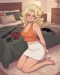 1girls 2d ai_generated bdsm_gear bedroom big_breasts blonde blonde_female blonde_hair blue_eyes blushing bondage_gear busty halter_top hands_behind_back heels kneeling long_hair miniskirt orange_topwear pink_heels skirt wavy_hair white_skin white_skirt