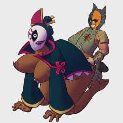 1boy 1boy1girl 1girls big_breasts black_hair brandfinn_(just_brandfinn) brawl_stars breasts closed_eyes clothed clothing dark-skinned_female female from_behind from_behind_position male male/female mask masked masked_female oc original_character penetration pierced_nipples piercing sex shukuteki_tara supercell tara_(brawl_stars)