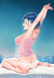 arms_up ass ass_cleavage back barefoot bent_knees blue_hair breasts butt_crack closed_eyes darling_in_the_franxx exposed_shoulders feet female full_body hair_ornament ichigo_(darling_in_the_franxx) lingerie medium_breasts ocean open_mouth original outdoors pantsu pixiv_id_22145120 posterior_cleavage qizhu shirt shooting_star short_hair sitting sky sleepy sleeveless sleeveless_shirt soles solo star_(sky) starry_sky stretch stretched_limb toes underwear wariza water white_panties white_underwear yawning