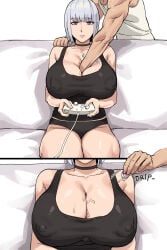 1boy 1girls 2koma areolae_visible_through_clothing arm_between_breasts bored bored_expression breast_focus breasts choker cleavage cleavage_focus clothed clothed_female coin controller couch emotionless expressionless female female_focus gamer_girl gaming hand_between_breasts hand_in_cleavage hand_on_breast ksksksa large_breasts male nipples nipples_visible_through_clothing object_between_breasts purple_eyes sitting sitting_on_couch sweat sweaty_breasts sweaty_cleavage thighs video_game_controller video_games white_background white_hair