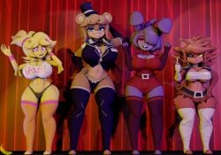 3d 3d_(artwork) 4girls angry angry_face artist_logo artist_name bedroom_eyes big_breasts blender bonfie bonfie_(cryptia) chiku chiku_(cryptia) clothed clothes fap_nights_at_frenni's female female_focus female_only fexa fexa_(cryptia) fredina's_nightclub frenni_(cryptia) frenni_fazclaire furry happy happy_female looking_at_viewer middle_finger muffintop20 posing posing_for_the_viewer self_upload smile stage stage_curtains stage_lights thick_thighs watermark waving waving_at_viewer
