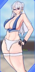 1girls atuxus(r) big_breasts big_thighs black_gloves blue_swimsuit earrings exposed_breasts female female_only hoyoverse large_breasts large_thighs long_hair looking_at_viewer purple_eyes self_upload smile solo swimsuit velina_(zenless_zone_zero) velina_airgid white_hair white_panties zenless_zone_zero