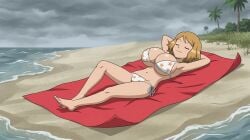 beach beach_towel big_breasts bikini breasts cloudy_sky pokemon relaxing serena_(pokemon)
