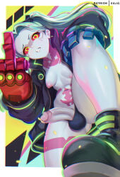 1girl artist_name black_boots black_bra black_panties boots bra breasts clenched_teeth colored_sclera colored_skin commentary cyberpunk:_edgerunners cyberpunk_(series) cyborg english_commentary exlic futanari green_hair highres leg_tattoo long_hair mechanical_eyes mechanical_hands middle_finger neck_tattoo nipples oversized_forearms oversized_limbs panties patreon_username penis_out pink_tattoo rebecca_(cyberpunk) red_pupils red_sclera samurai_jacket_(cyberpunk) small_breasts solo stomach_tattoo tattoo teeth testicles twintails underwear white_skin