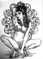 1girls 2014 big_breasts breasts female female_only monochrome nipples shackles solo solo_female squatting tagme_(artist) traditional_media_(artwork)