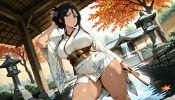 1girl ai_generated autumn black_hair bleach blue_eyes blush cleavage folding_fan glossy_skin hair_ornament holding_fan huge_ass huge_breasts japanese_garden kimono lantern long_hair looking_at_viewer maple_leaves massive_breasts obi outdoors pavilion rukia_kuchiki shiny_skin sitting smile solo thick_thighs traditional_clothes waterfall white_kimono