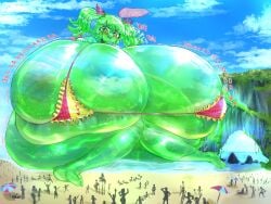 beach bikini blush co03but colored_skin crowd feet giantess gigantic_breasts gradient_eyes green_skin hyper_breasts macro monster_girl nature see-through see-through_body slime_girl smile soles toes twintails umbrella waving_hand
