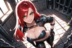 1girls ai_generated belt black_pants breasts cleavage cropped_jacket from_above gloves green_eyes grin hand_on_hip harness heavenly_art katarina_(league_of_legends) katarina_du_couteau large_breasts league_of_legends long_hair looking_at_viewer red_hair riot_games scar scar_across_eye solo tattoo tattooed_arm