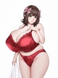 bbw brown_hair female huge_breasts red_bra red_panties thick_thighs underwear_only