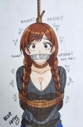 arms_tied_behind_back blue-lotus bondage brown_eyes brown_hair gag gagged gagged_speech hanging looking_at_viewer mizuhara_chizuru noose peril rent_a_girlfriend suffocation tape_gag