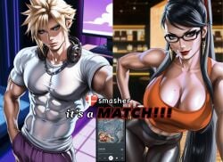 1boy 1boy1girl 1girls ai_generated bayonetta bayonetta_(character) before_sex black_hair blonde_hair blue_eyes boyfriend-girlfriend breasts clothing cloud_strife coffee_shop crossover dating dating_app earrings english english_text final_fantasy final_fantasy_vii glasses grey_eyes headphones heart hetero lipstick looking_at_viewer modern_au mole muscular muscular_male nintendo partially_clothed phone ponytail red_lipstick selfie smash_ball split_screen spotify straight suggestive suggestive_look suggestive_pose super_smash_bros. super_smash_bros._ultimate tank_top text tight_clothing tight_fit