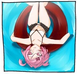 1girl armpits bare_shoulders bikini black_border black_trim blush bob_cut border breasts closed_mouth collarbone commentary ddlc doki_doki_literature_club english_commentary exspiravitbag fang feet_out_of_frame floating frilled_bikini frills from_above hair_between_eyes hair_ornament hair_ribbon innertube looking_up midriff natsuki_(doki_doki_literature_club) navel on_innertube partially_submerged pink_eyes pink_hair red_ribbon ribbon serenity_forge short_hair skin_fang slit_pupils small_breasts solo string_bikini swept_bangs swim_ring swimsuit team_salvato upside-down water white_bikini white_border x_hair_ornament