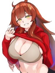 blush cleavage dragon_girl dragon_musume_ni_naritakunai! duel_masters embarrassed huge_breasts looking_at_viewer maguma_mega mega_magma_dragon skirt_lift smile stomach white_bra