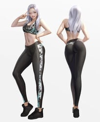 artstation bangs black_footwear female full_body grey_background grey_hair gym_uniform long_hair looking_at_viewer midriff navel one_eye_closed original parted_bangs shoes simple_background smile sneakers solo standing taekwon_kim wink