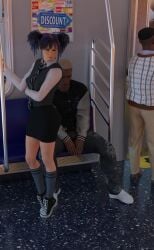 1boy 1girl 3d dark-skinned_male female old_male older_male pigtails purple_hair school_uniform schoolgirl sitting subway suprserpent younger_female