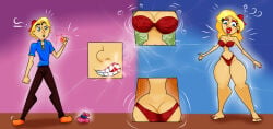ass_expansion before_and_after breast_expansion breast_growth breast_growth_(enlargement) breasts cleavage female gender_transformation hair_color_change hair_growth huge_ass huge_breasts midriff mtf_transformation navel revealing_clothes thick_thighs thigh_expansion transformation wide_hips