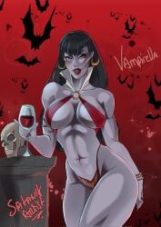 1girls big_breasts black_hair breasts cleavage dynamite_comics earrings female female_only satanik_artist skimpy solo underboob vampirella vampirella_(series)