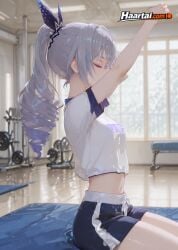 1girl 1girls ai_generated blush blushing female grey_eyes grey_hair gym haart_ai honkai:_star_rail medium_breasts ponytail silver_wolf_(honkai:_star_rail) skinny slim_waist tagme white_hair