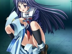 1girl altered_pink bdsm black_socks blue_hair blue_shirt blush bondage bottomless bound censored collar floating_hair game_asset honjou_shiori indoors kneehighs loafers long_hair long_sleeves mosaic_censoring neckerchief no_panties non-web_source official_art open_mouth purple_eyes pussy red_neckerchief restrained sailor_collar school_uniform self-datamine serafuku sex_machine shirt shoes socks solo spread_legs squatting stationary_restraints straight_hair sumeragi_yuusuke tile_floor tiles variant_set very_long_hair visual_novel_cg white_sailor_collar
