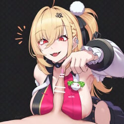 1boy 1girl ahoge areola_slip armpits bar_censor bare_shoulders black_background blonde_hair breasts censored chalky_(zenless_zone_zero) cissia_(zenless_zone_zero) collarbone commentary_request detached_sleeves fangs foreskin foreskin_pull hair_between_eyes hair_ornament hairclip hetero large_breasts long_hair looking_at_penis metal_wrist_cuffs open_mouth paid_reward_available penis pink_nails pom_pom_(clothes) pom_pom_hair_ornament red_eyes snake snake_girl swzw white_snake zenless_zone_zero