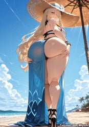1girl ai_assisted ai_generated ass ass_grab bangs bare_shoulders beach beach_umbrella bent_over bikini blonde_hair blue_bikini blue_sky blush bracelet breasts cloud curvaceous curvy curvy_female curvy_figure cynthia_(pokemon) day female flower from_behind full_body grabbing_own_ass green_eyes hair_over_one_eye hand_on_own_ass hat high_heels jewelry large_breasts long_hair looking_at_viewer looking_back miyuai ocean outdoors palm_tree parasol parted_lips pokemon ribbon sandals sarong see-through shiny shiny_skin sky smile solo straw_hat sun_hat swimsuit thick thick_ass thick_butt thick_hips thick_legs thick_thighs thighs thong toes tree umbrella very_long_hair voluptuous voluptuous_female watson_cross white_bikini wide_hips wide_thighs