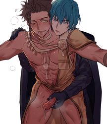 2boys blush byleth_(fire_emblem) byleth_(fire_emblem)_(male) claude_von_riegan clothed_sex clothing cum erection fire_emblem fire_emblem:_three_houses from_behind gay gloved_handjob gloves green_eyes guiyuy handjob interracial looking_pleasured male male_only muscular open_mouth pubic_hair reach_around toned_male yaoi