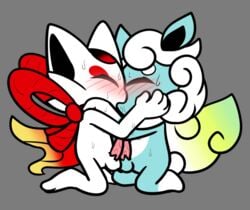 00freeze00 2018 2020_tokyo_olympic anthro blush bodily_fluids closed_eyes duo grey_background kissing male male/male mammal mascot neoteny olympics penis saliva simple_background sweat