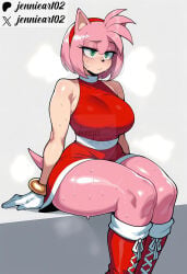 1girl ai_generated alternate_breast_size amy_rose animal_ears animal_nose anthro artist_name bare_shoulders blush boots bracelet breasts closed_mouth clothing cross-laced_footwear curvy dress eulipotyphlan female footwear furry furry_female gloves green_eyes hairband headwear hedgehog hedgehog_ears hedgehog_tail jennieart02 jewelry knee_boots lace-up_boots large_breasts patreon patreon_logo patreon_username pink_fur pink_hair red_dress red_footwear red_hairband shiny_skin short_dress short_hair simple_background sitting sleeveless solo sonic_(series) sonic_the_hedgehog_(series) steaming_body sweat tail thick_thighs thighs twitter twitter_username watermark white_gloves wide_hips