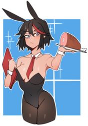 1girls bell_haircut boned_meat breasts bunnysuit cleavage food kill_la_kill matoi_ryuuko meat medium_breasts outline pantyhose plate ppapmang waitress